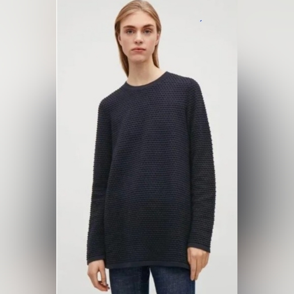 COS Textured Waffle Crewneck Sweater Size S Navy Blue Minimalist Classic Tunic